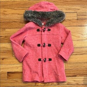 Purebaby Girls' Coral Pink Deep Hooded Toggle Pea Coat with Fur Trim- 100% Wool